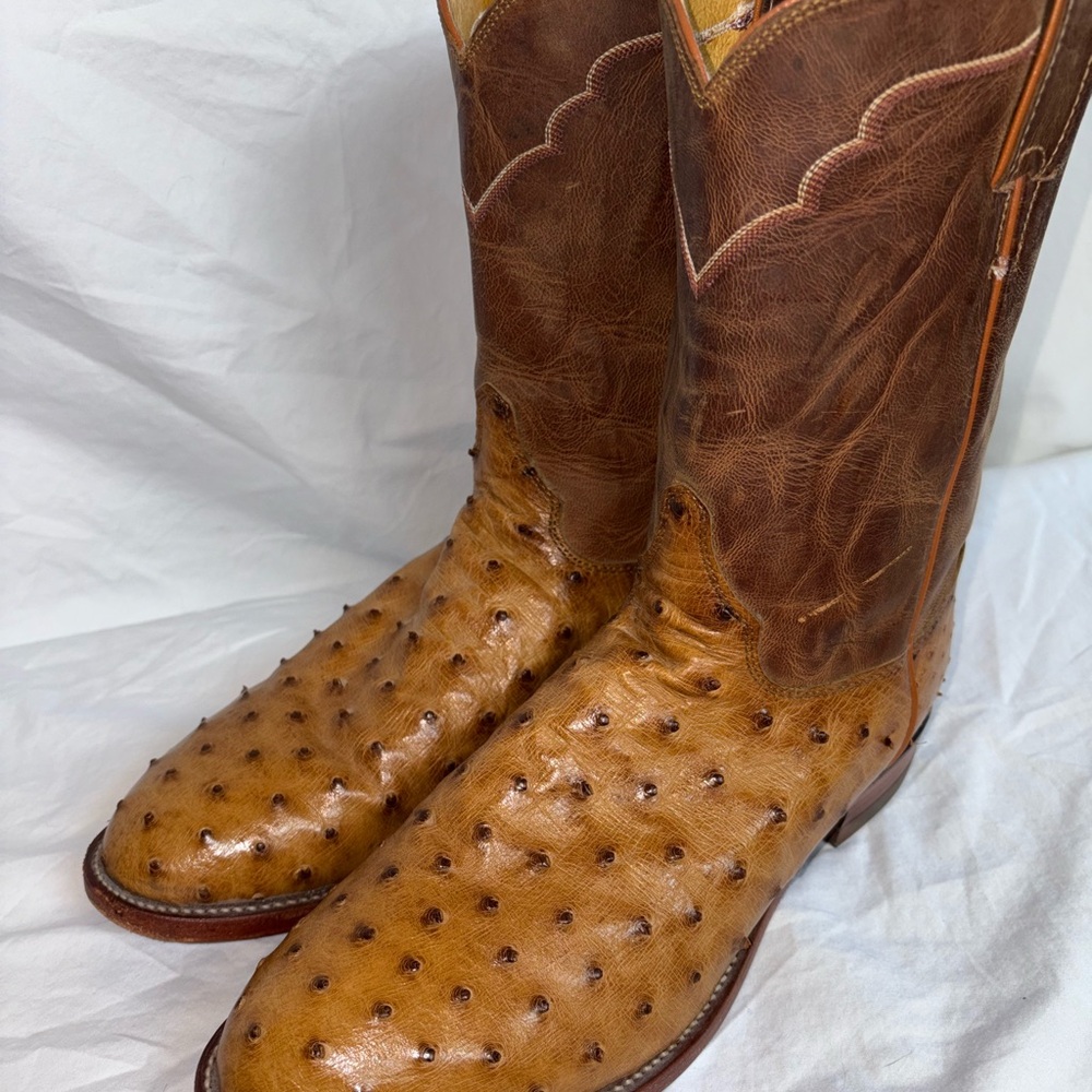 Justin Boots Tan and Brown Ostrich Western Boots - Picture 4 of 14